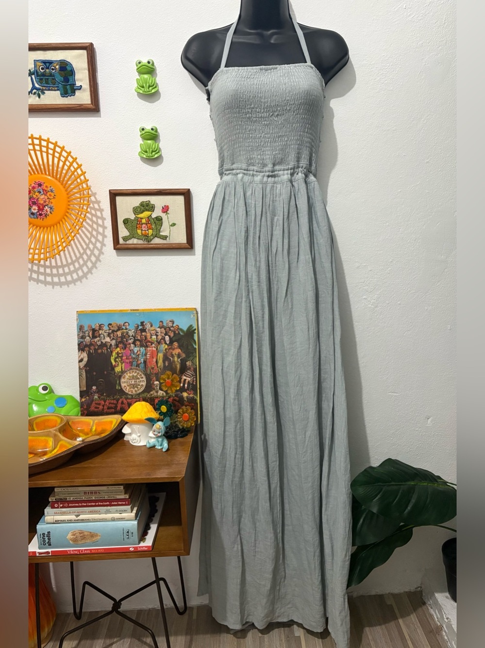 Boho Sage Green Smocked Halter Open Back Maxi Dress